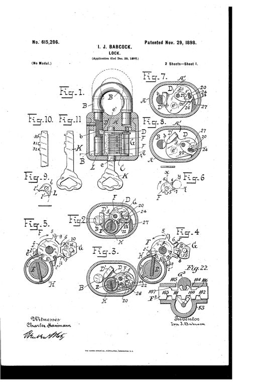 Patent drawing of a padlock and cylinder lock cross-sections showing a shackle, tumbler-case, rotatable locking-bar, and numbered tumbler projections, with several keys and washers illustrated separately.