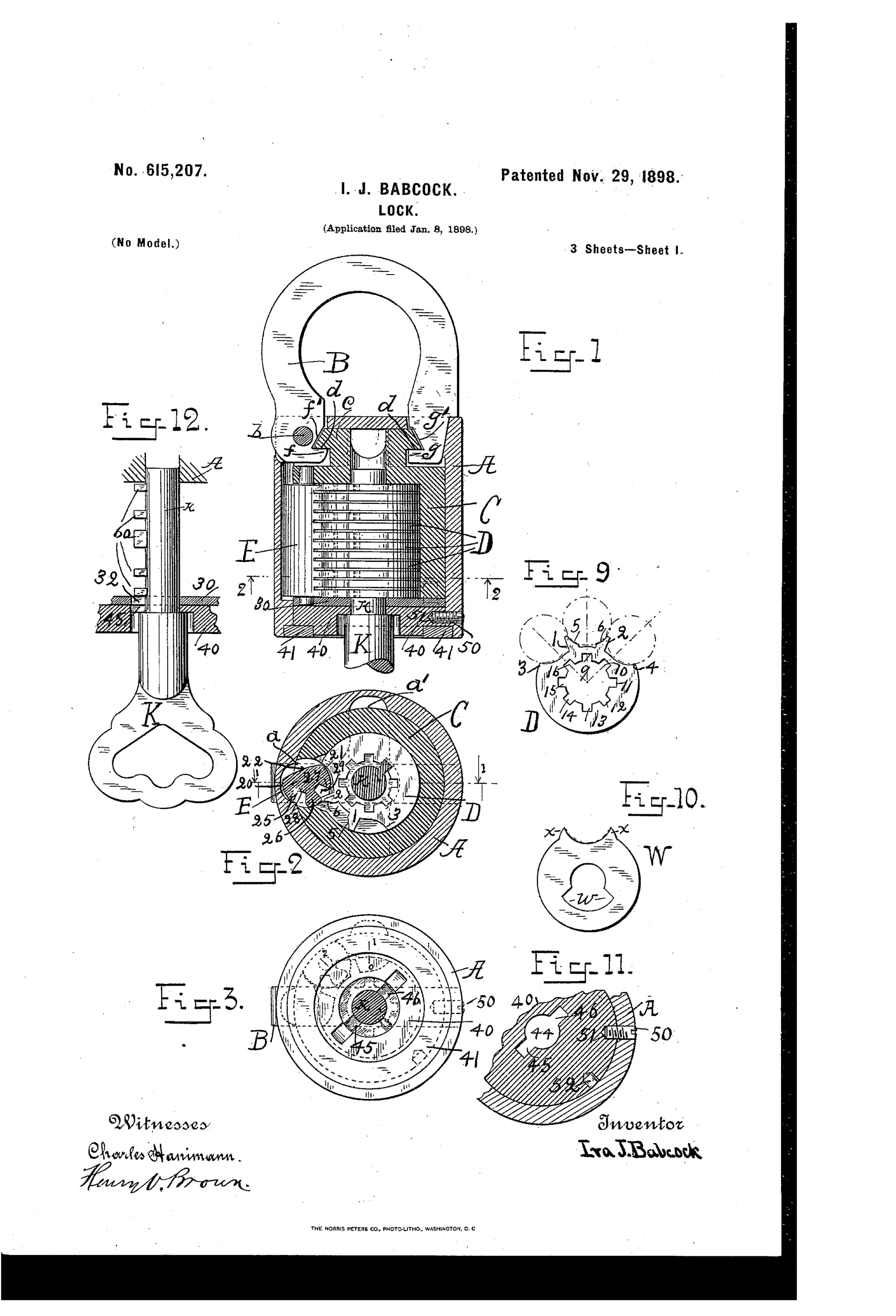 Patent drawing of a padlock with a U-shaped shackle atop a cylindrical lock body, showing internal cross-sections of a rotating tumbler cylinder, stacked disc tumblers, a locking bar, and a key with multiple bit slots, along with detail views of washers, caps, and an alternate pin-tumbler cylinder variant with a winged bolt.