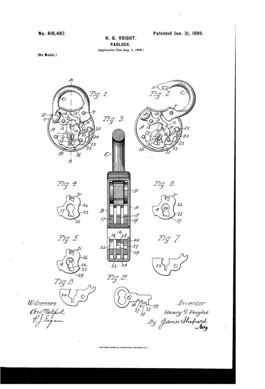 Patent drawing of a padlock showing the case interior with pivoted shackle, swinging dog, three concentric tumblers, and a flat multi-winged key, alongside detail views of each tumbler and ward-plate.