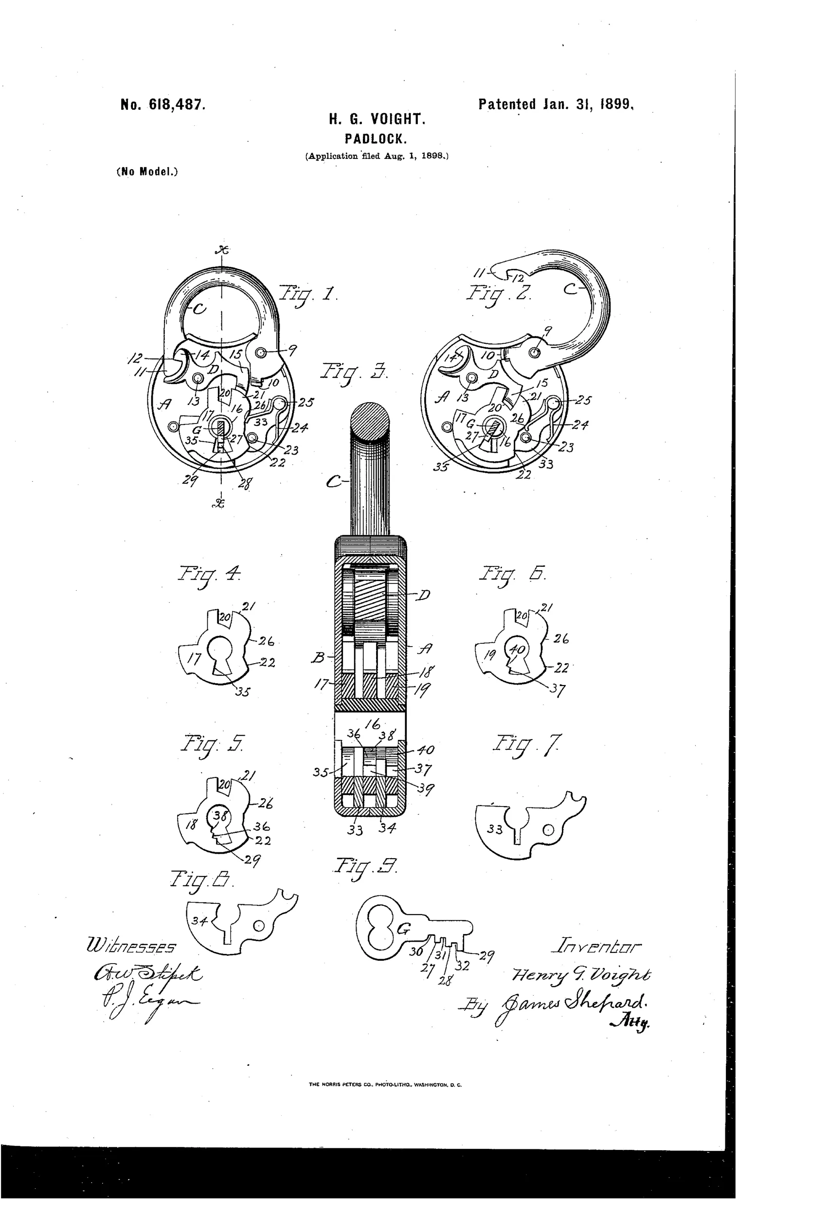 Patent drawing of a padlock showing the case interior with pivoted shackle, swinging dog, three concentric tumblers, and a flat multi-winged key, alongside detail views of each tumbler and ward-plate.