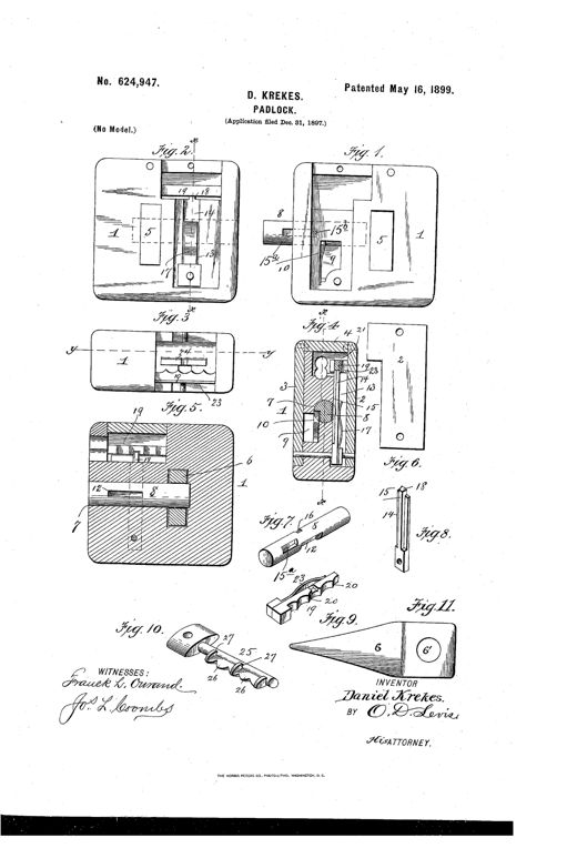 Patent drawing sheet showing eleven figures of a hasp padlock, including side elevations, sections, and detail views of the bolt, retaining-bar, ward-plate, key, and staple, with numbered reference lines pointing to internal parts.
