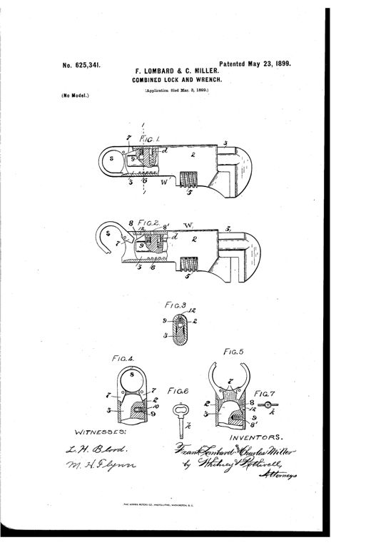 Patent drawing of a wrench with an adjustable jaw casing and a pivoted circular shackle at the handle end, shown in closed (Fig. 1) and open (Fig. 2) positions, with detail views of the locking bolt, key, and shackle mechanism in Figures 3 through 7.