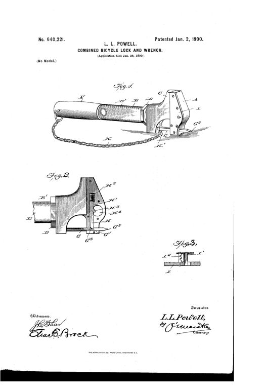 A patent drawing of a wrench with adjustable jaws and a sharpened locking rod, connected by a chain to secure a bicycle wheel, alongside detail views of the internal locking mechanism and face-plate.
