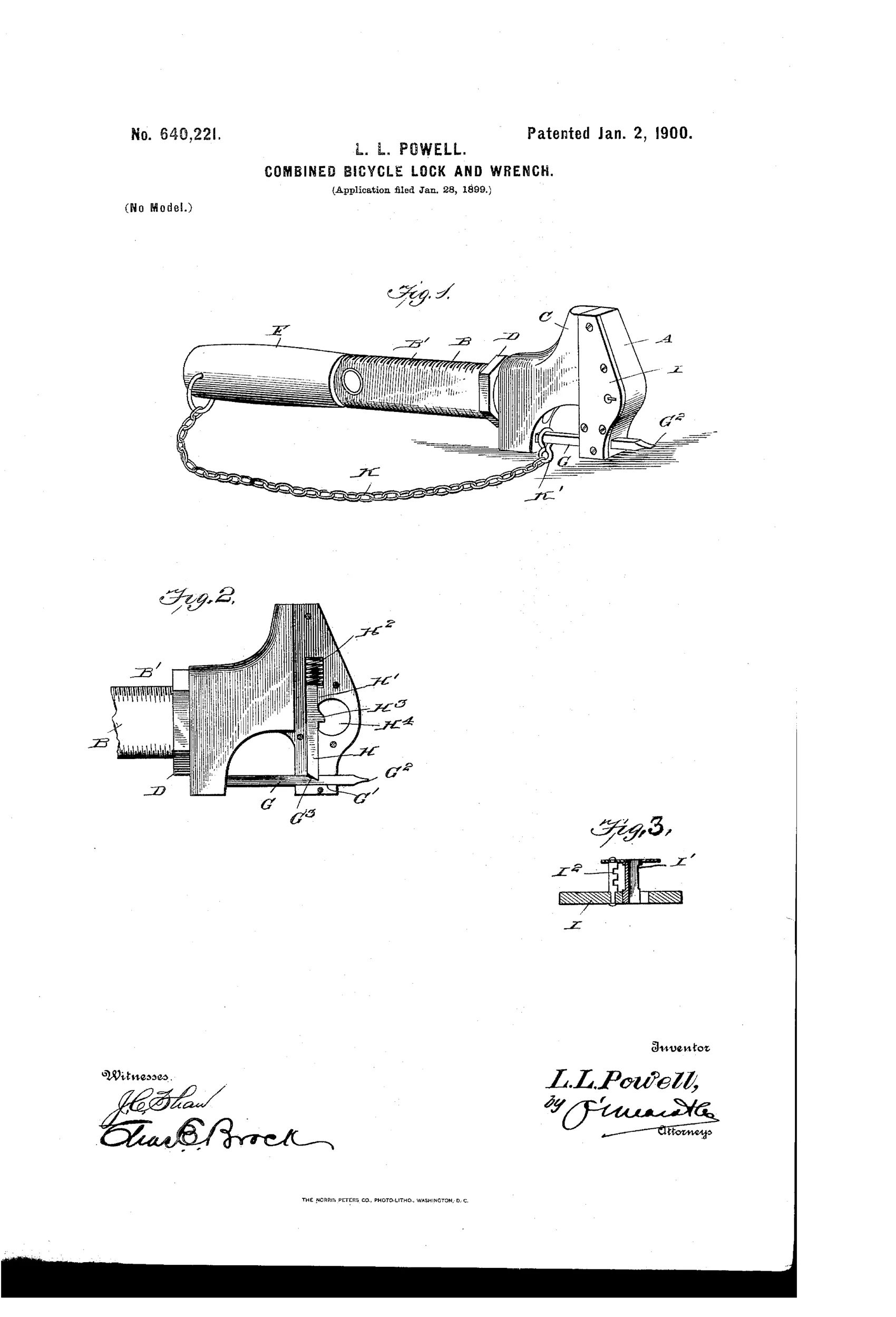 A patent drawing of a wrench with adjustable jaws and a sharpened locking rod, connected by a chain to secure a bicycle wheel, alongside detail views of the internal locking mechanism and face-plate.