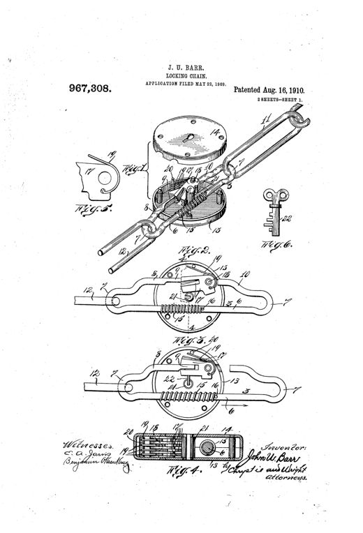 Patent drawing showing a chain lock assembly with a round casing housing internal tumblers, a key, and an open link, alongside a diagram of the device mounted on a spoked wagon wheel securing it to the wagon body.