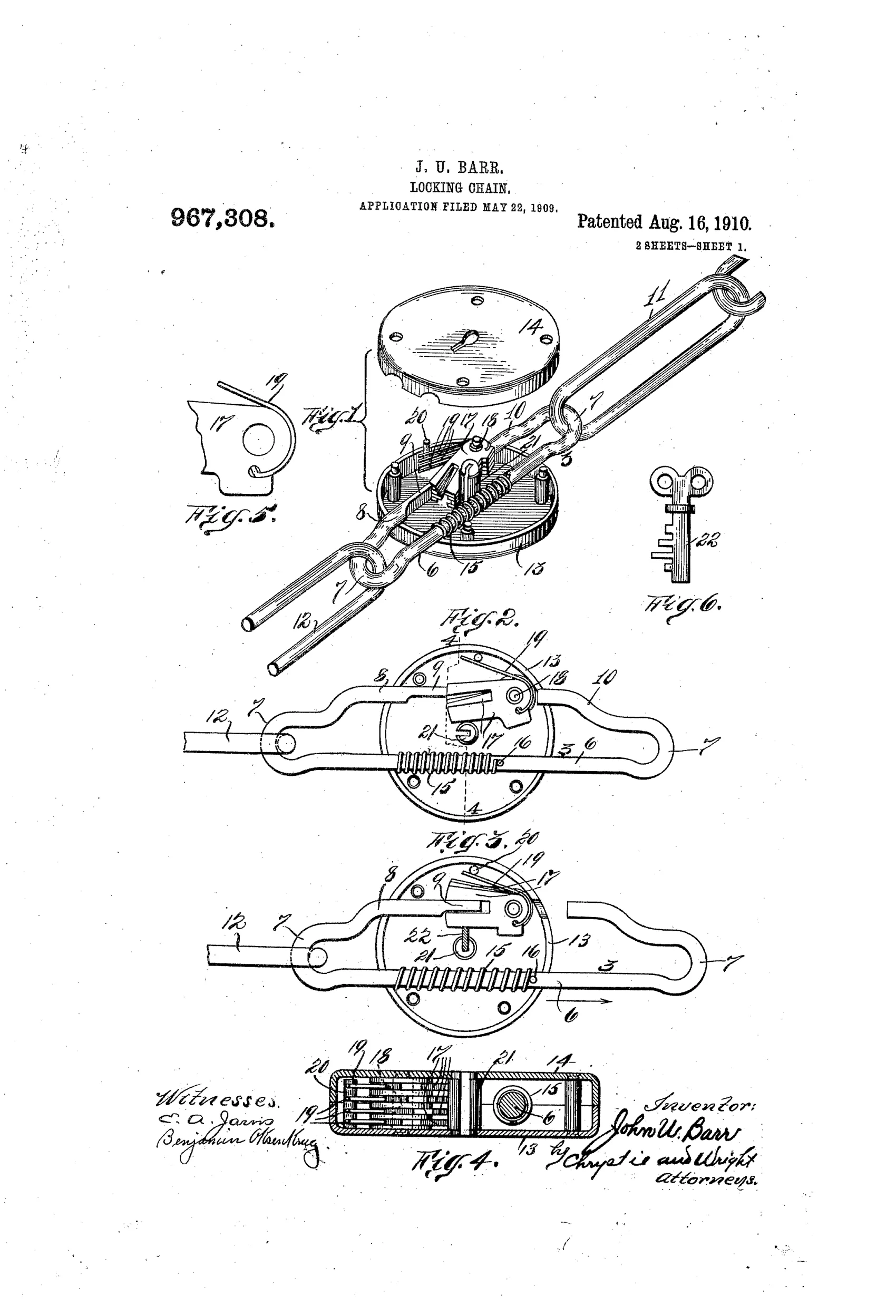 Patent drawing showing a chain lock assembly with a round casing housing internal tumblers, a key, and an open link, alongside a diagram of the device mounted on a spoked wagon wheel securing it to the wagon body.