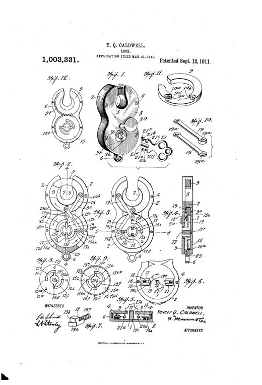 Patent drawing sheet showing an exploded padlock with an arc-shaped shackle, circular actuator plate with teeth and slots, cam members, connecting links, and a multi-pronged key, alongside cross-sectional and detail views labeled with numbered reference lines.