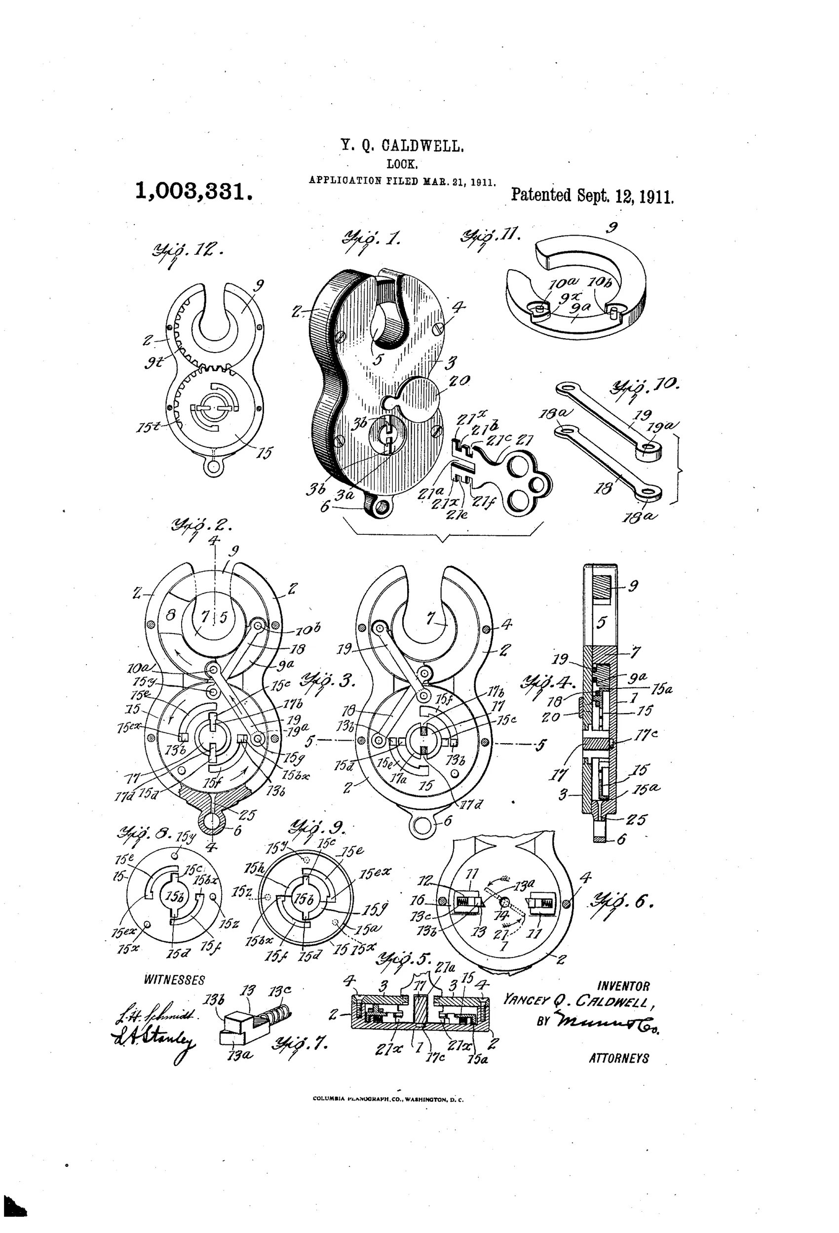 Patent drawing sheet showing an exploded padlock with an arc-shaped shackle, circular actuator plate with teeth and slots, cam members, connecting links, and a multi-pronged key, alongside cross-sectional and detail views labeled with numbered reference lines.