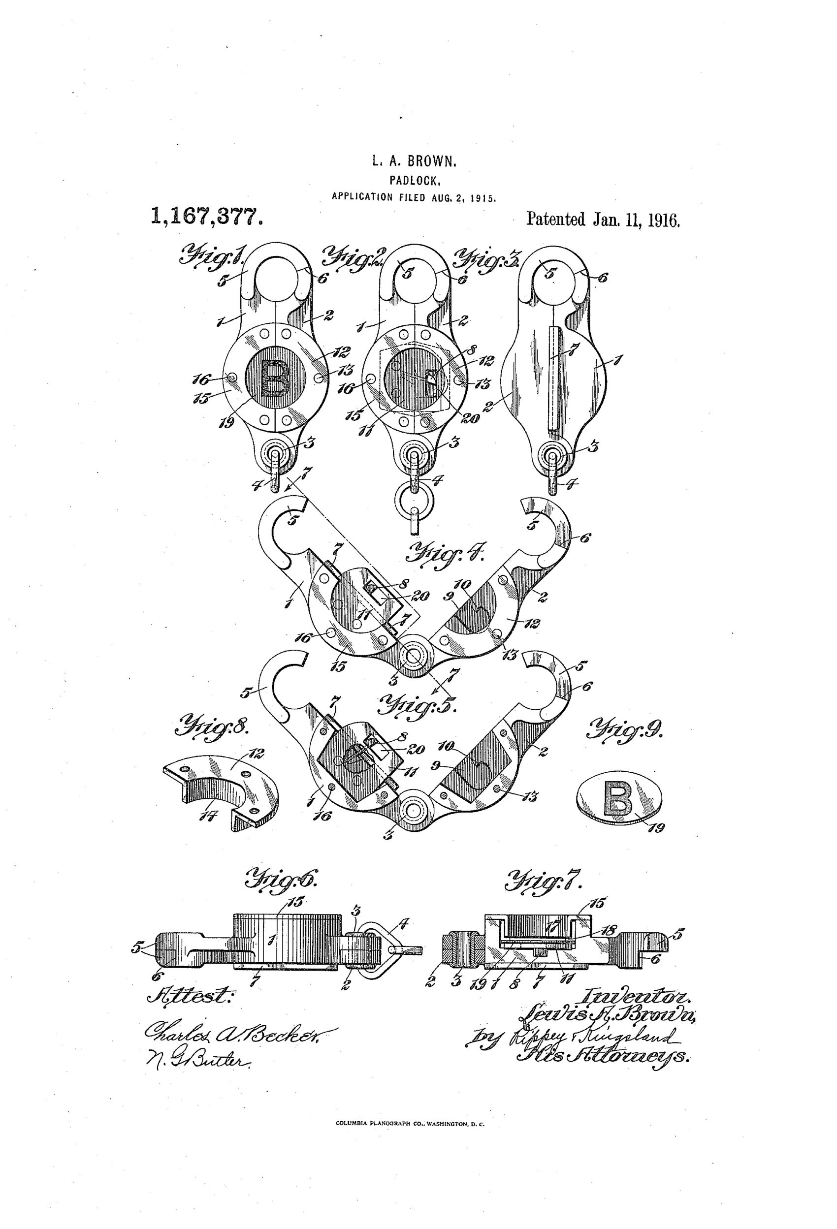 Patent drawing of a Lewis A. Brown padlock showing two pivoted半-round members with an internal spring hook, shoulder, marked disk guard, and cross-sectional views labeled Figures 1 through 9.