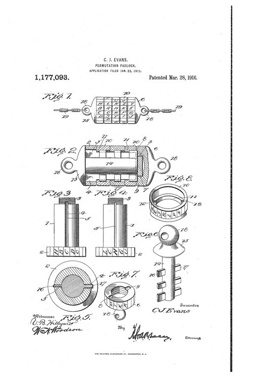Patent drawing of a cylindrical permutation padlock showing an exploded barrel with letter-marked rotary tumbler rings, a threaded end cap, a shackle with locking projections, and a key-shaped pull, all labeled with numbered reference lines.