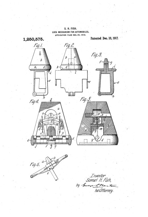 Patent drawing showing a cone-shaped automobile lock with a hinged shackle bar, internal bell-crank levers and bolts, and a rotatable protective ring at the base, plus a view of the lock applied to a steering wheel with gas lever clamp.