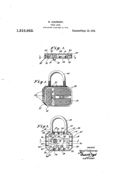 Three patent drawings of a padlock: an exterior perspective view marked 'WZ' with a keyhole, a vertical cross-section showing internal sliding bars, springs, and pins, and a horizontal cross-section showing the pinion and rack-toothed bars inside the casing.
