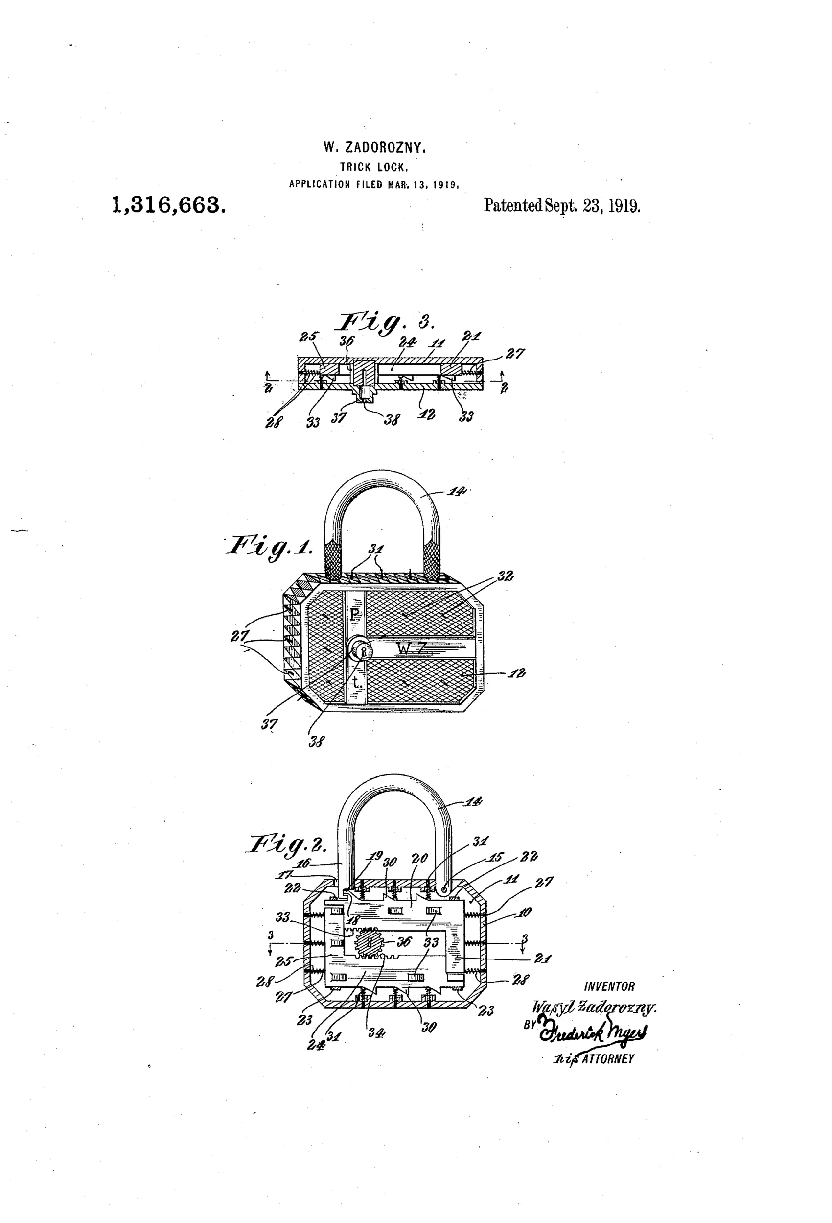 Three patent drawings of a padlock: an exterior perspective view marked 'WZ' with a keyhole, a vertical cross-section showing internal sliding bars, springs, and pins, and a horizontal cross-section showing the pinion and rack-toothed bars inside the casing.