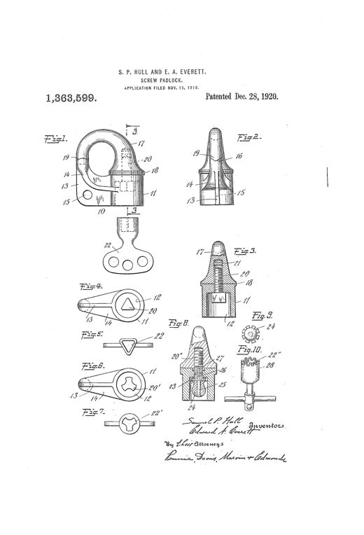 Patent drawing showing a hooked padlock body with a threaded locking screw hidden inside a cylindrical socket, along with several triangular and lugged keys and screw-head variants used to operate the concealed locking mechanism.