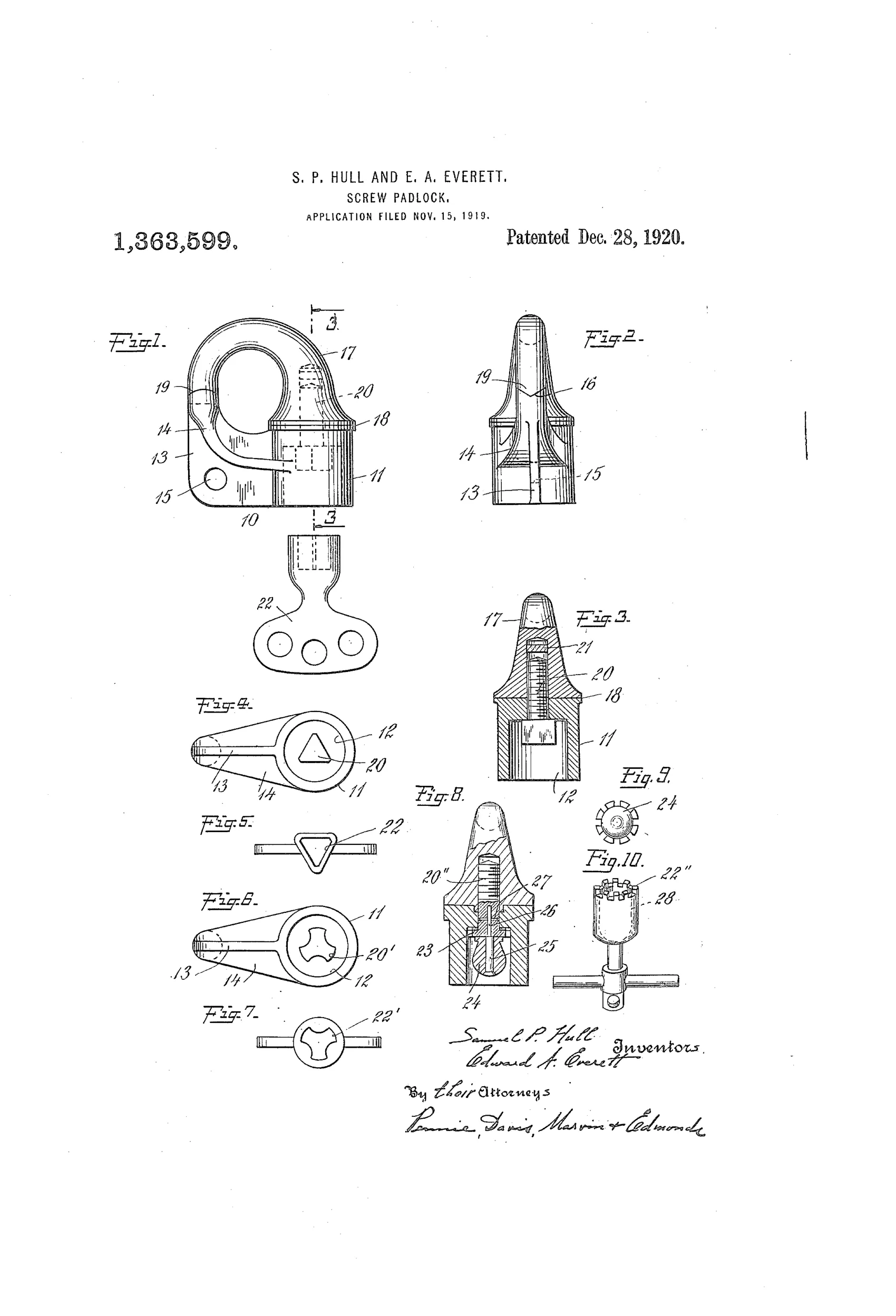 Patent drawing showing a hooked padlock body with a threaded locking screw hidden inside a cylindrical socket, along with several triangular and lugged keys and screw-head variants used to operate the concealed locking mechanism.