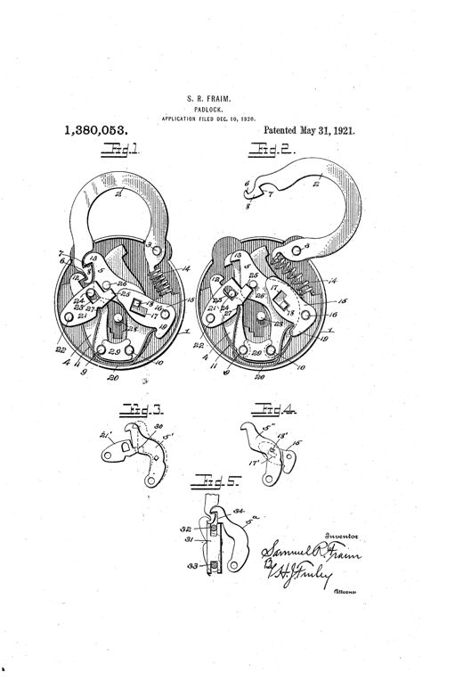 Patent drawing of a round padlock showing internal tumbler mechanism, pivoted shackle, springs, and numbered parts across five figures, with the inventor's signature at the bottom.