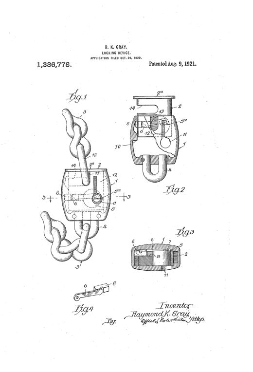 Patent drawing showing a chain-and-block locking device with a rectangular casing, U-shaped link, chain, sliding key-operated block, and internal bolt mechanism, illustrated in four figures labeled Fig.1 through Fig.4.