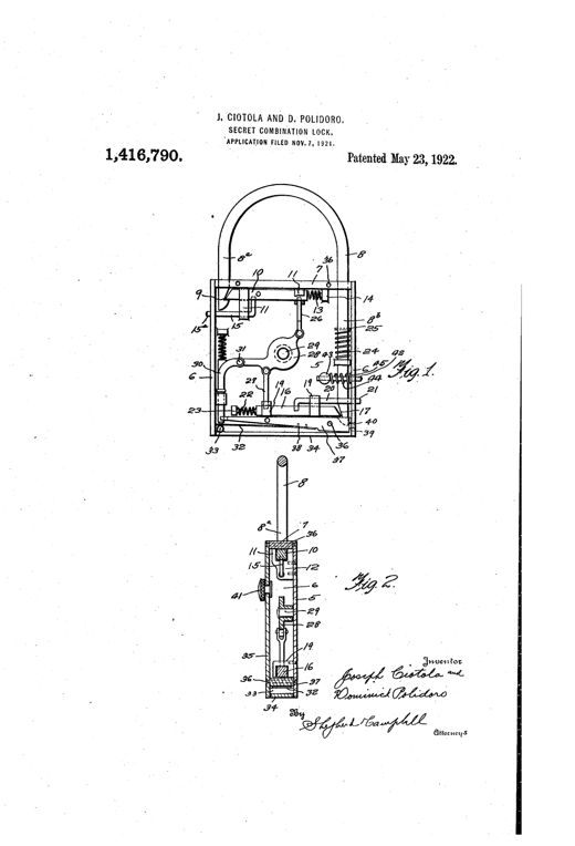 Patent drawing of a padlock showing the internal latch, spring, and lever mechanism in Fig. 1, and a vertical cross-section of the same lock with the shackle and dummy button in Fig. 2.