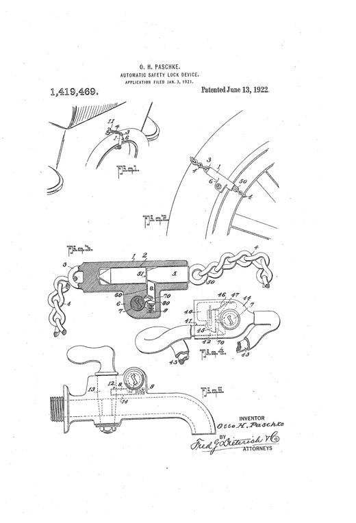 Patent drawing showing a chain-and-plug lock device attached to an automobile wheel rim and body, with cross-sectional views of the internal plunger bolt and key-actuated cylinder lock, plus a faucet fitted with a similar lock mechanism.