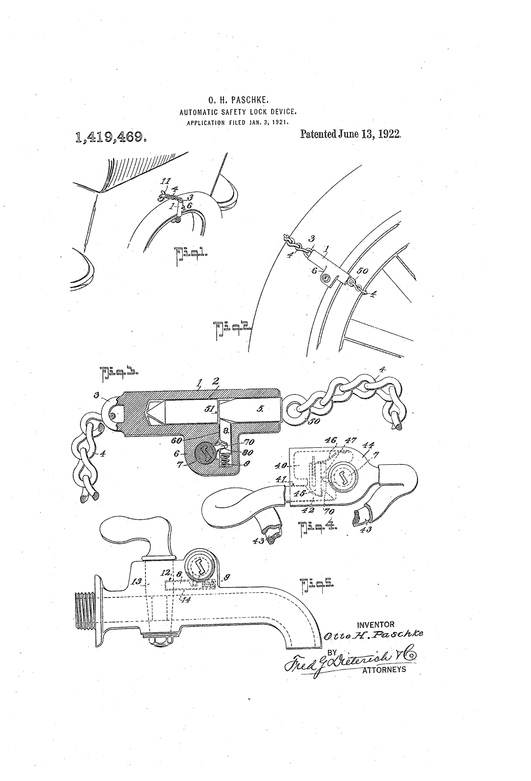 Patent drawing showing a chain-and-plug lock device attached to an automobile wheel rim and body, with cross-sectional views of the internal plunger bolt and key-actuated cylinder lock, plus a faucet fitted with a similar lock mechanism.