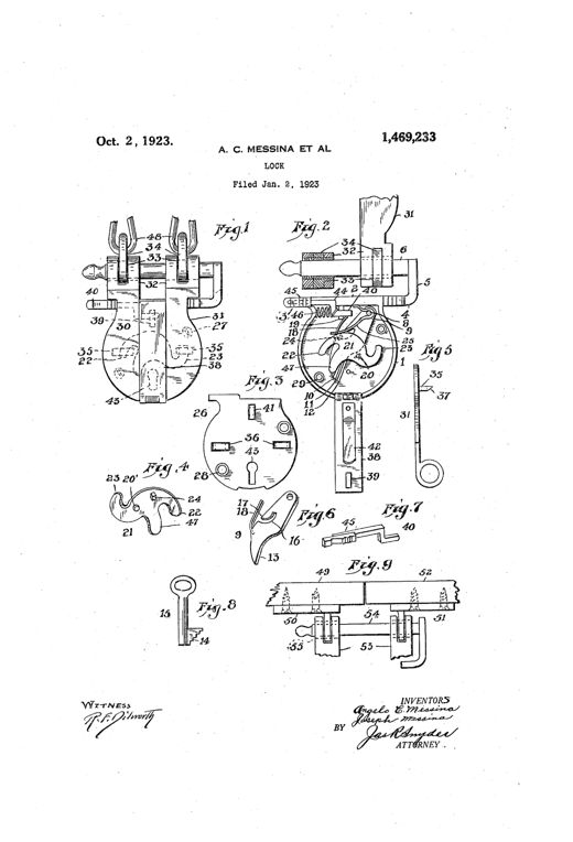 Patent drawing sheet showing nine figures of a circular padlock mechanism: an assembled front view with looped hasp links, an exploded interior view revealing stacked tumblers and a pivoting locking bolt, a separate cover plate with slots, a perspective locking bolt with curved ends, a hasp element, a tumbler and spring, a latching device, a bitted key, and a modified door-mounting hasp assembly with screws.