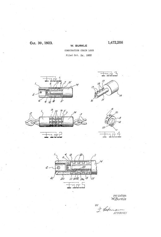 Patent drawing of a cylindrical combination chain lock showing a sectioned body with rotating letter collars marked A through K, an internal sliding bolt with keeper lugs, and end views of the bolt and locking collar.