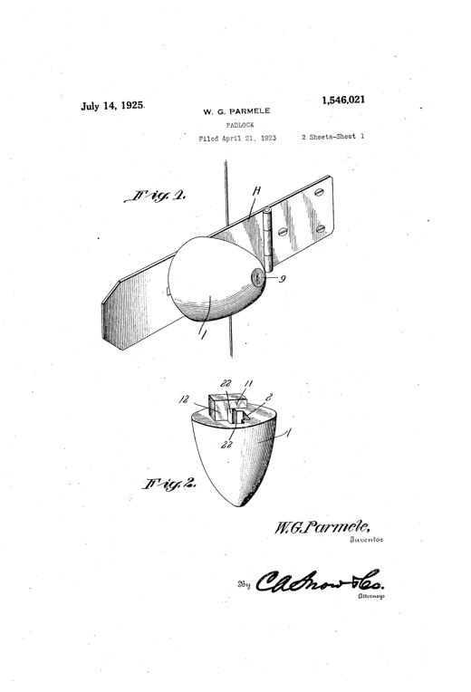 Patent drawing of an egg-shaped padlock housing shown applied to a hinged hasp with a staple, plus a cutaway longitudinal section revealing an internal spring-loaded tumbler, bolt, and key mechanism.
