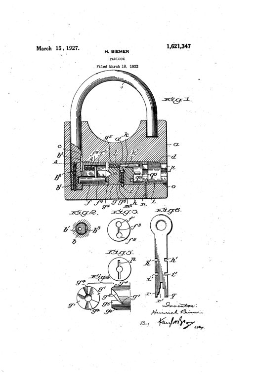 Cutaway drawing of a padlock showing a rounded shackle, internal rotating lock cylinder with spring-loaded bolt, and a flat notched key beside smaller detail views of the crown, sleeves, and bore cross-sections.