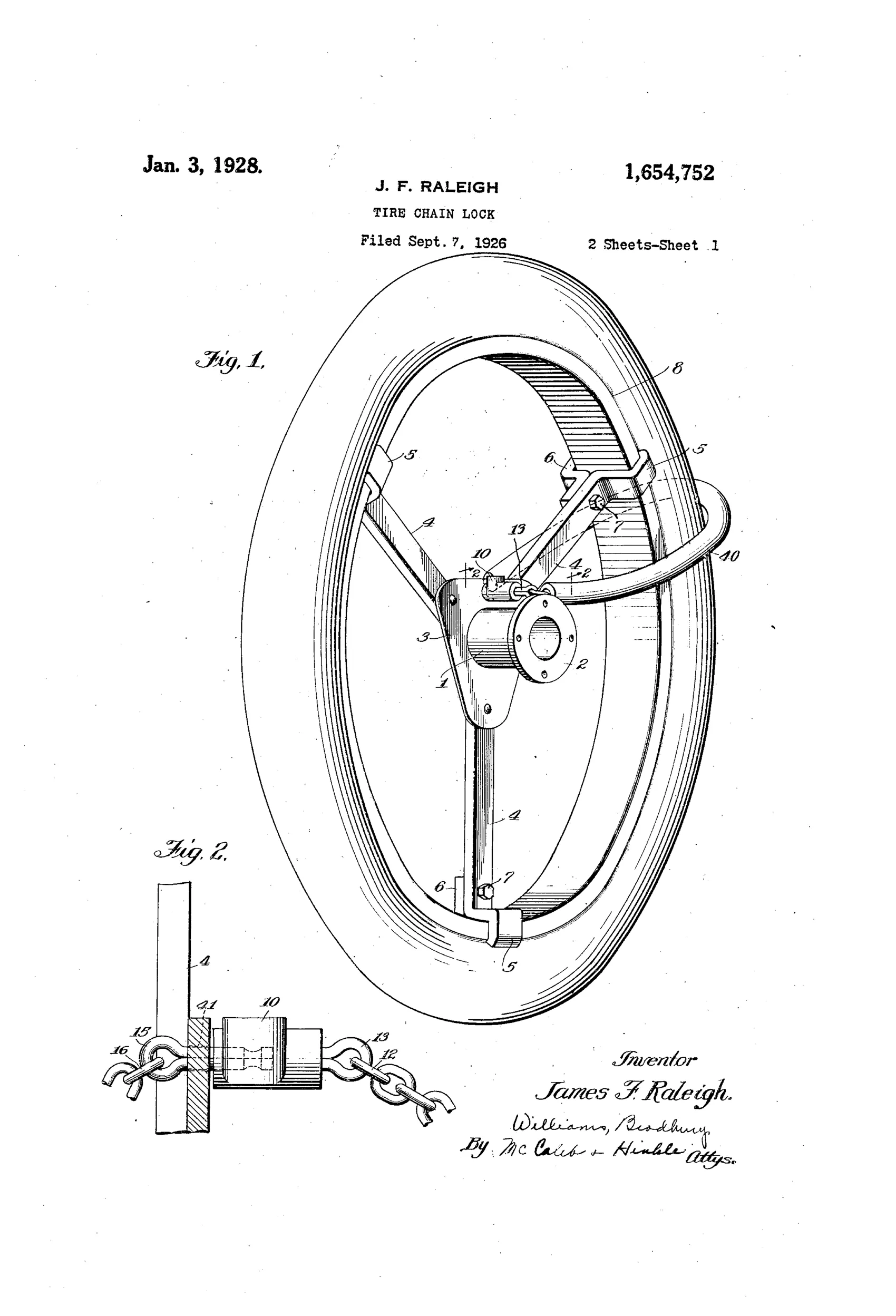 Patent drawing of a spare tire chain lock showing a wheel with a chain looped through the spider and rim, connected to a small cylindrical lock casing with eyebolts, key slot, and internal locking bolt mechanism shown in cross-section.
