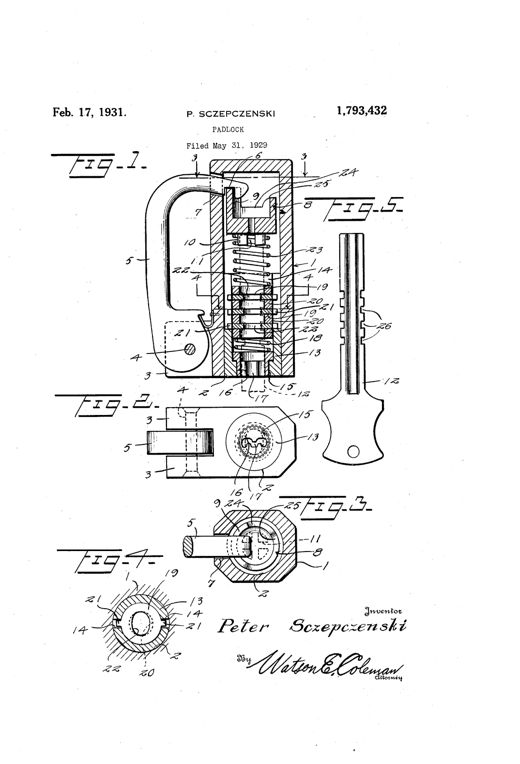 Patent drawing of a cylindrical padlock with a pivoted shackle, showing internal spring-loaded tumbler, stacked guide plates, and a fluted key with transverse notches designed to align with the internal plates.