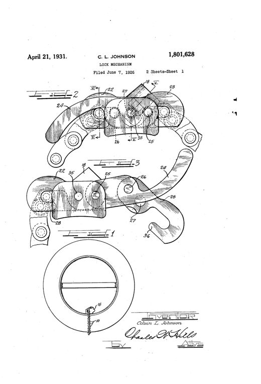 Patent drawing showing a curved chain with hook ends looping around a tire and rim, with a detailed cylinder lock and sliding bolt mechanism, plus separate sectional views of the chain links, studs, and lock body.