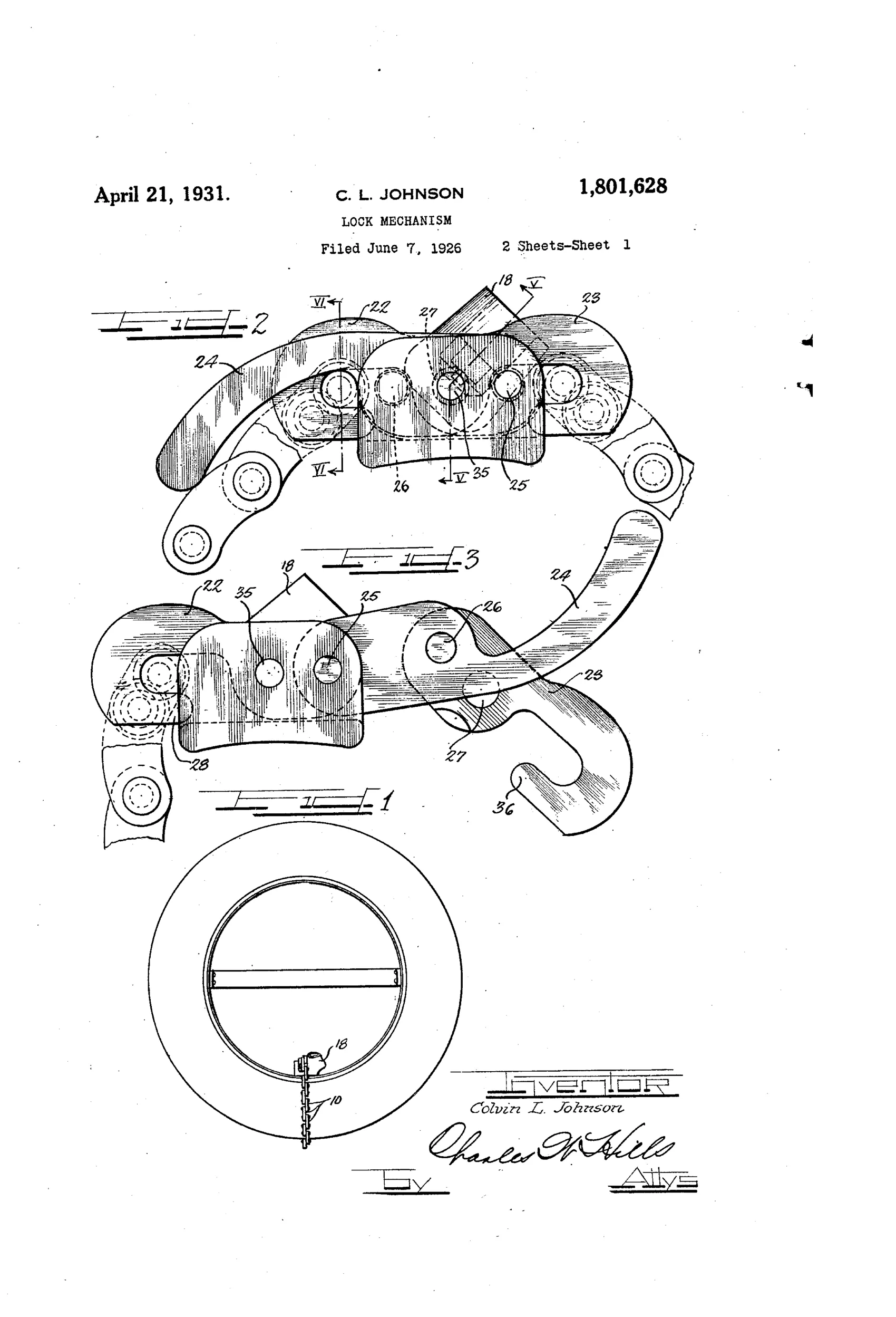Patent drawing showing a curved chain with hook ends looping around a tire and rim, with a detailed cylinder lock and sliding bolt mechanism, plus separate sectional views of the chain links, studs, and lock body.