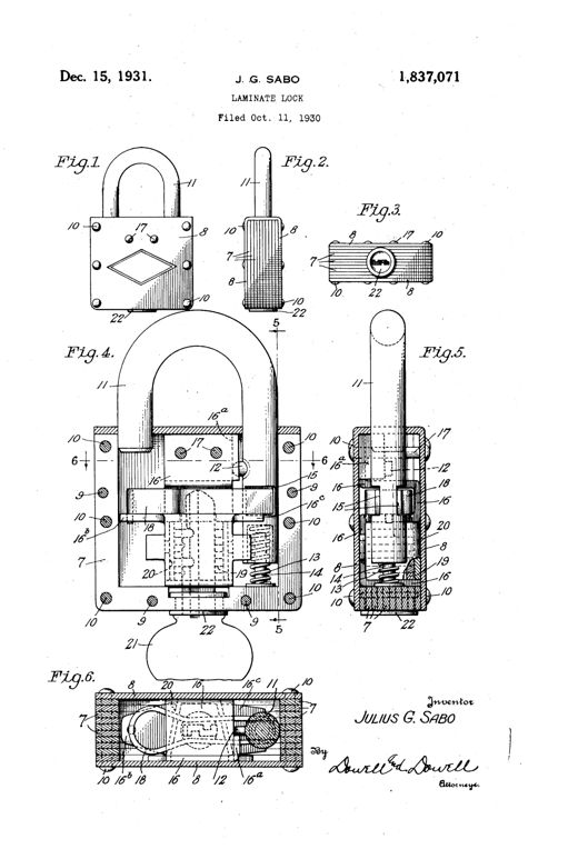 Patent drawing sheet showing six figures of a laminated padlock: an assembled side view with shackle and rivets, an end view, a bottom view with keyhole, two cutaway sectional views revealing internal spring, shackle arms, and locking plate, and a plan section showing the key and internal guard mechanism.