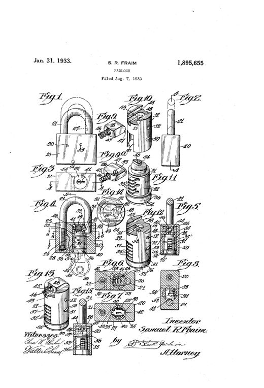 Patent drawing sheet showing a padlock with a U-shaped shackle and rectangular body, alongside detailed exploded and sectional views of the internal disc-tumbler lock insert, casing, bolt, and key plug components labeled with numbered reference lines.