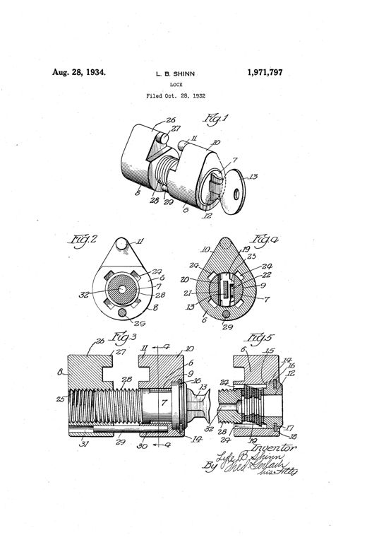 Patent drawing of a cylindrical padlock mechanism showing the main lock-member with a threaded plug, key slot, spring tumblers, and a complemental screw-driven member with mating jaws, illustrated in perspective, cross-section, and detail views labeled Fig. 1 through Fig. 5.